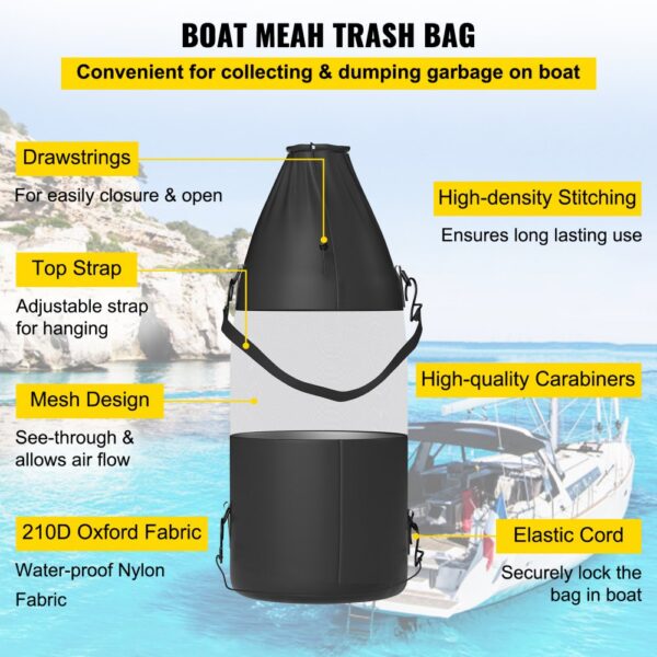 boat trash bag with drawstrings, adjustable top strap, mesh design, high-quality carabiners, and elastic cord.