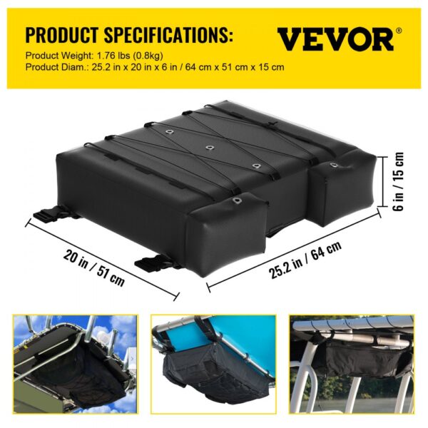 VEVOR t-top storage bag specifications and installation illustrations, highlighting dimensions and weight.