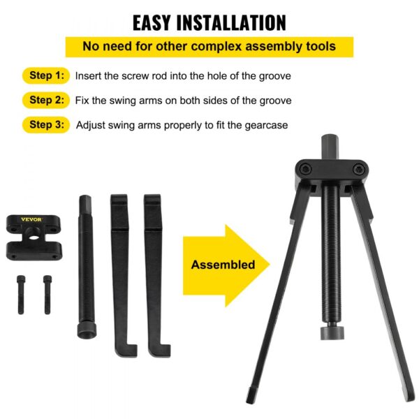 VEVOR marine bearing puller easy installation steps illustrated with components and assembled tool.