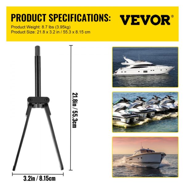 VEVOR marine bearing puller with size and weight info, boat images in the background.