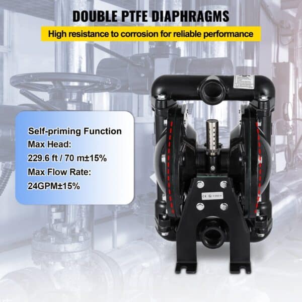 VEVOR diaphragm pump with double ptfe diaphragms, max head 70m, max flow rate 24gpm.