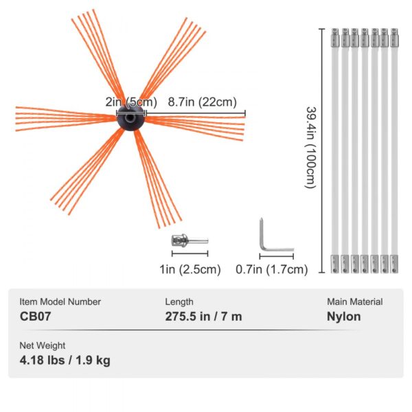 VEVOR 7 m Chimney Sweep Kit, w/ 7 Reinforced Nylon Flexible Rods, Ergonomic Chimney Cleaning Brush, 360-Degree Brush Chimney Cleaner, Rich Accessories for Fireplace Flue Home Use Fits most Pipes