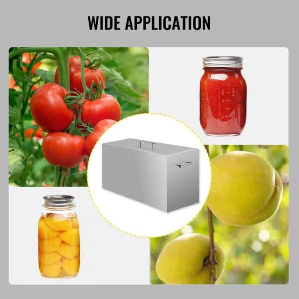 VEVOR water bath canner with tomatoes, canned peaches, and peach tree. wide application.