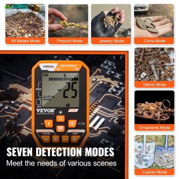 VEVOR waterproof metal detector showcasing seven detection modes for various objects like coins and jewelry.