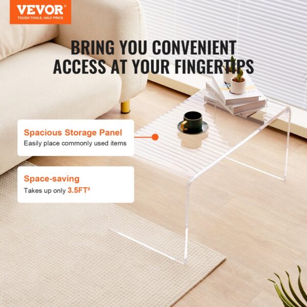 VEVOR transparent acrylic table with storage panel, space-saving design for living rooms.