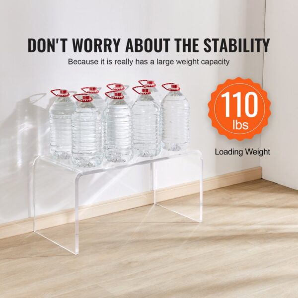 VEVOR acrylic coffee table holding six water containers with 110 lbs loading weight capacity.