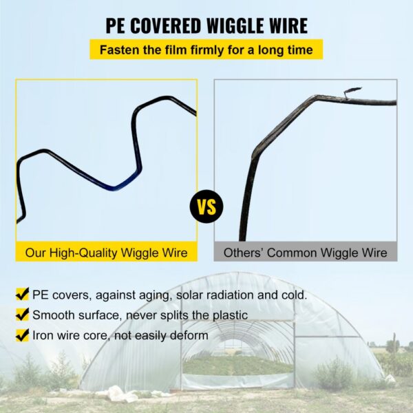 pe covered wiggle wire comparison; VEVOR greenhouse spring lock channel, durability features.