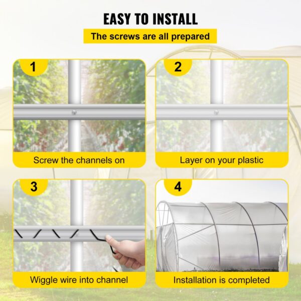 VEVOR greenhouse spring lock channel installation steps: screw, layer plastic, wiggle wire, complete.