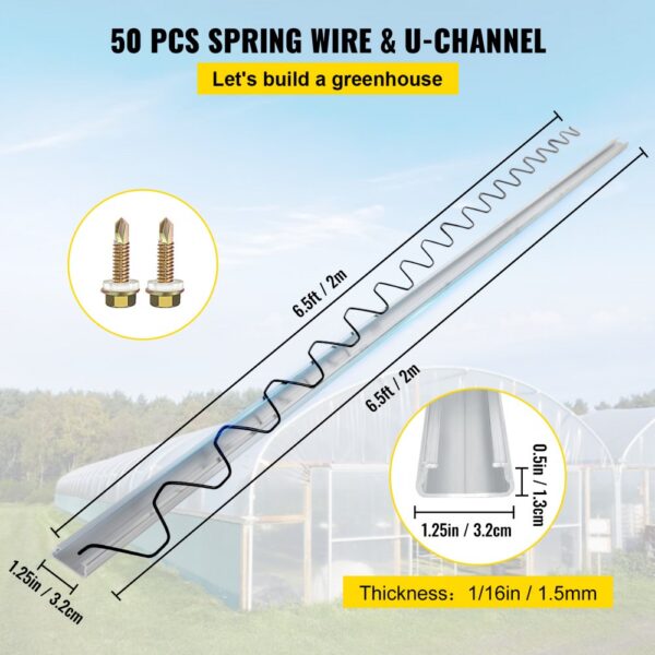 50 pcs spring wire and u-channel kit for VEVOR greenhouse, 6.5ft length, 1.25in width.