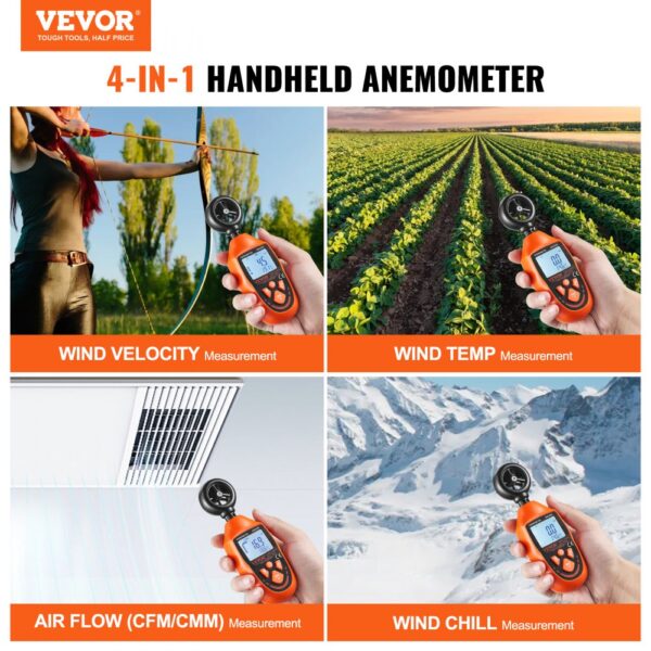 VEVOR handheld anemometer measuring wind velocity, temp, air flow, and wind chill in various environments.