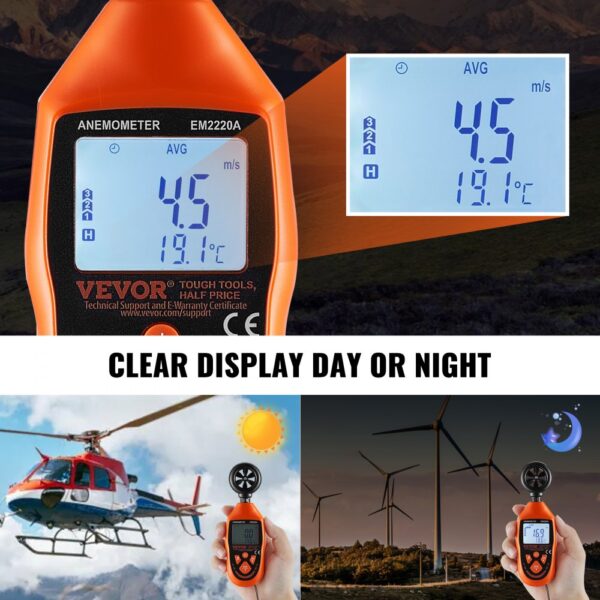 VEVOR handheld anemometer with clear digital display, day and night measurements for wind speed and temp.