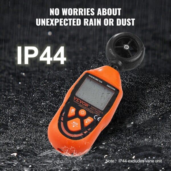 VEVOR handheld anemometer with ip44 rating in heavy rain, showcasing durability against dust and water.