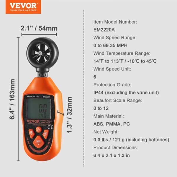 VEVOR handheld anemometer em2220a dimensions, wind speed and temperature ranges, and ip44 protection.