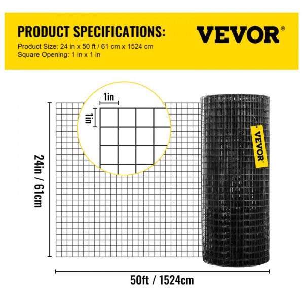 VEVOR welded wire fence, 24in x 50ft, 1in square openings, black roll with product specs.