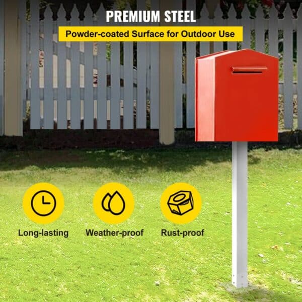 VEVOR mailbox post in a lawn with durability, weather-proof, and rust-proof icons.