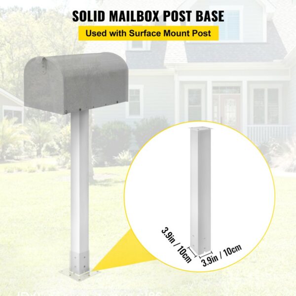 VEVOR mailbox post outside house with solid mailbox post base details highlighted.