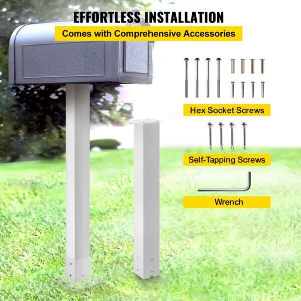 VEVOR mailbox post with screws and wrench for easy installation on a green lawn.