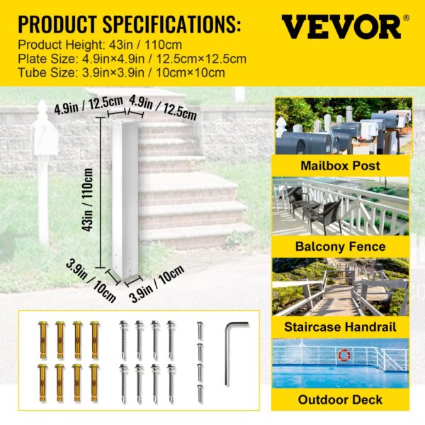 VEVOR mailbox post with dimensions and included hardware, shown in outdoor settings.