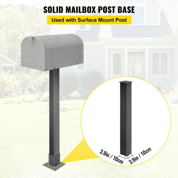 solid black VEVOR mailbox post with base against suburban home backdrop.