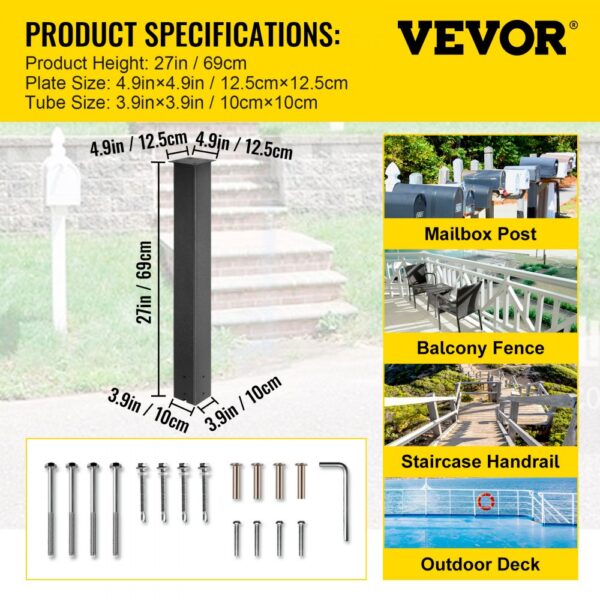 VEVOR mailbox post with product specifications and installation hardware.