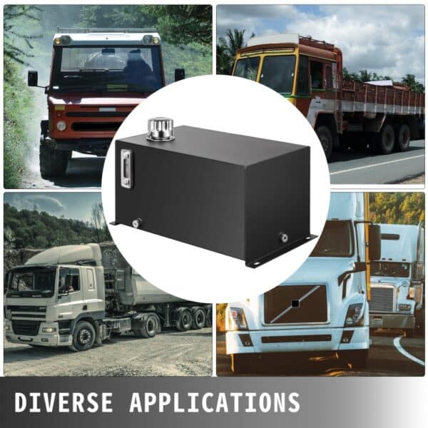 VEVOR hydraulic fluid tank for various truck applications in different environments.