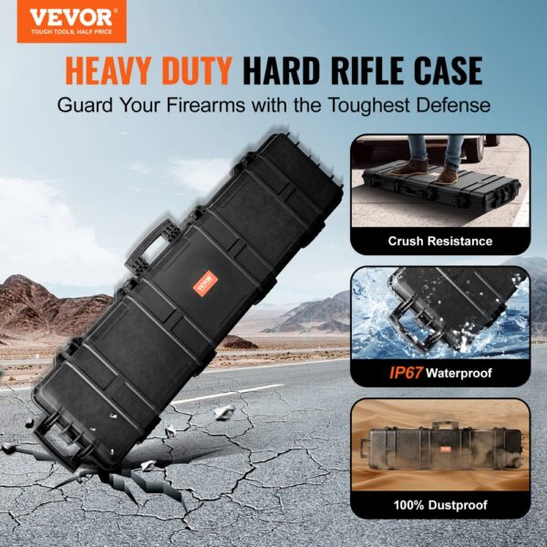 VEVOR tactical range case showing crush resistance, ip67 waterproof, 100% dustproof on a rugged road.