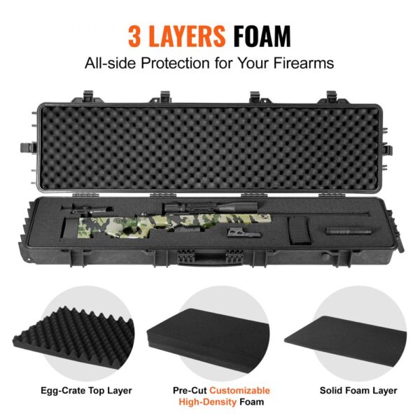 VEVOR tactical range case with 3-layer foam, customizable high-density foam, and egg-crate top layer.