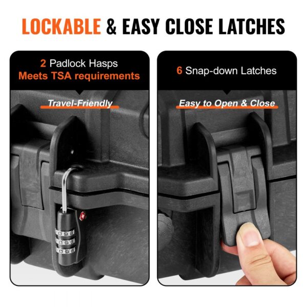 VEVOR tactical range case with lockable padlock hasps and easy close latches. travel-friendly and secure.