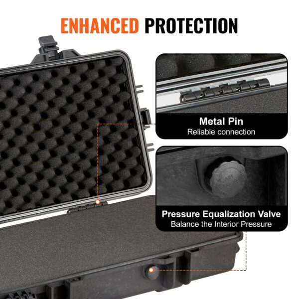 VEVOR tactical range case with foam padding, metal pin, and pressure equalization valve for enhanced protection.