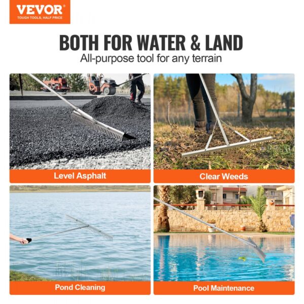 VEVOR landscape rake for level asphalt, clear weeds, pond cleaning, and pool maintenance.