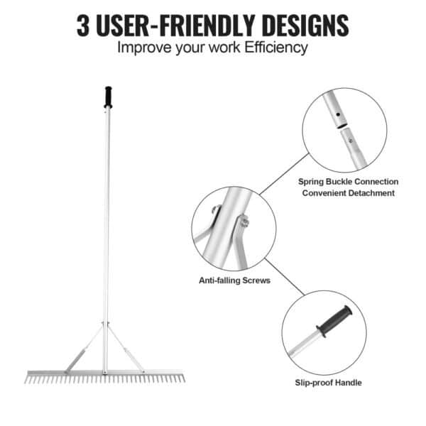 VEVOR landscape rake with slip-proof handle, anti-falling screws, and spring buckle connection.