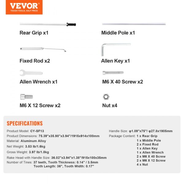 VEVOR landscape rake parts layout with rear grip, middle pole, fixed rod, allen key, screws, and nuts.