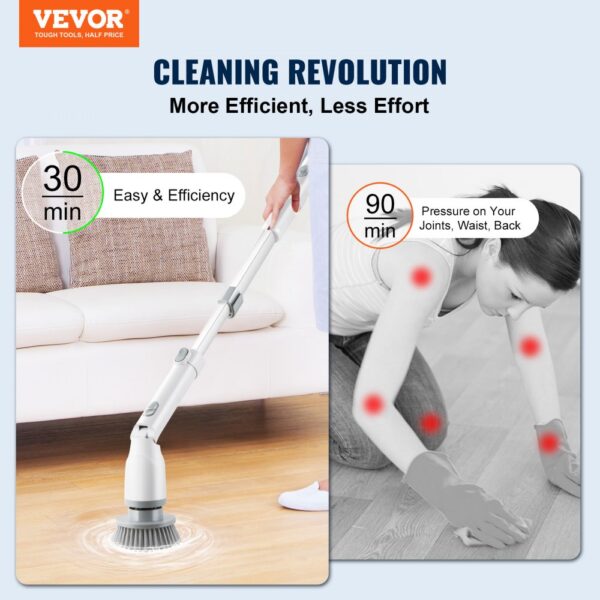 VEVOR Electric Spin Scrubber, Cordless Cleaning Brush with 2 Adjustable Speeds and Extendable Long Handle, 1.5H Runtime Power Shower Scrubber with 4 Replaceable Brush Heads for Bathroom, Tub, Tile