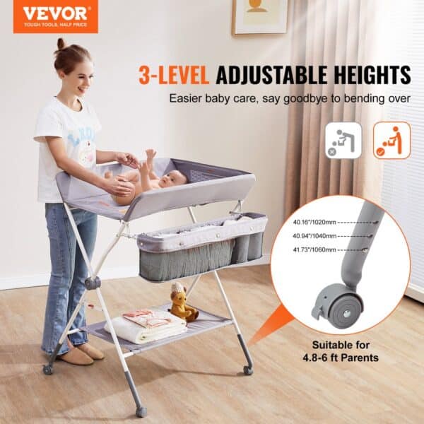 VEVOR baby changing table with 3-level adjustable heights, storage organizers, and wheels, suitable for parents.