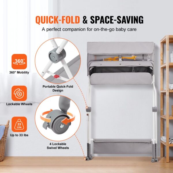 VEVOR baby changing table with quick-fold design, lockable wheels, and 360° mobility for up to 33 lbs.