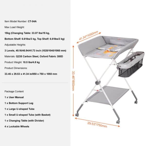 VEVOR baby changing table, adjustable heights, storage basket, and lockable wheels, dimensions 850 x 750 x 1050 mm