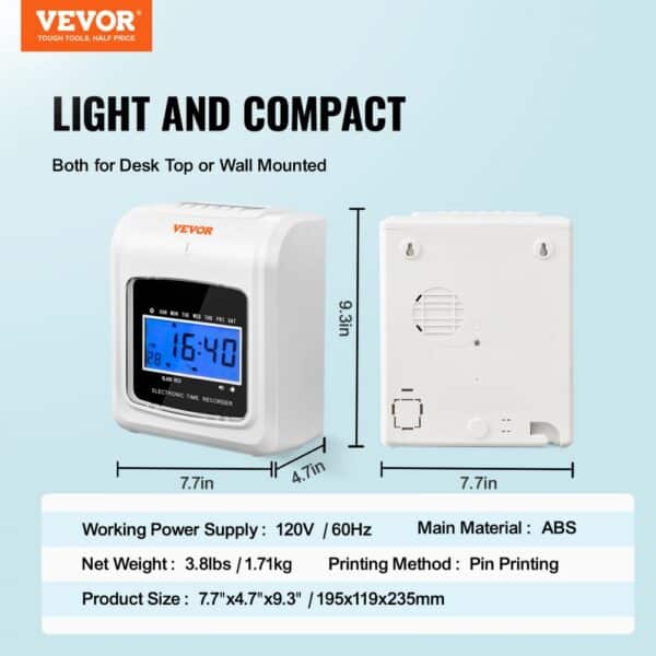 VEVOR Time Card Attendance Recorder 102 Time Cards Badge Machine