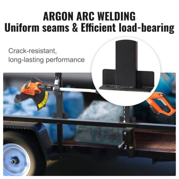 VEVOR trimmer rack with an orange trimmer, showcasing argon arc welding and crack-resistant durability.