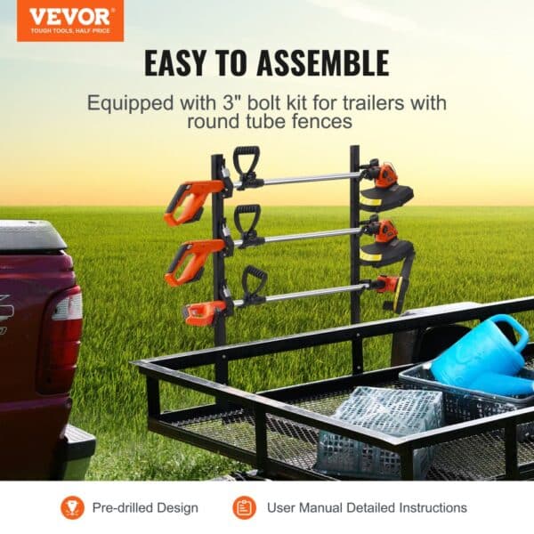 VEVOR trimmer rack mounted on a trailer with three orange trimmers, showcasing easy assembly.