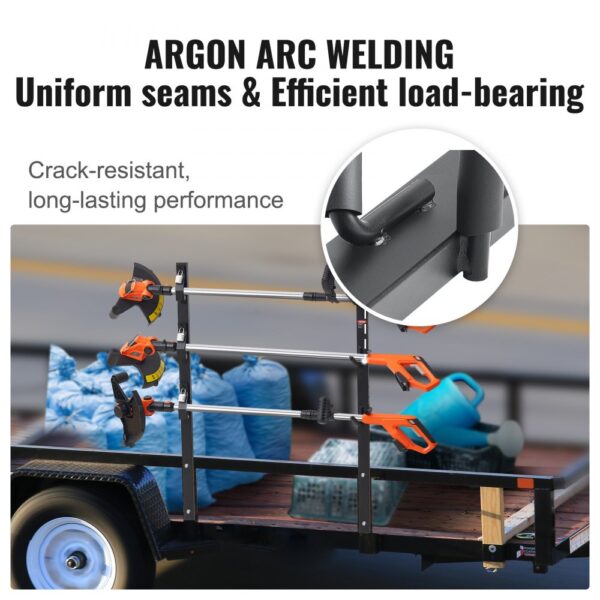 VEVOR trimmer rack on trailer with three trimmers, showcasing sturdy construction and argon arc welding.