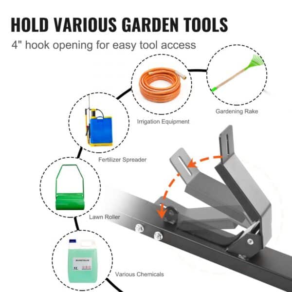 VEVOR trimmer rack holding various garden tools such as a rake, hose, sprayer, and lawn roller.