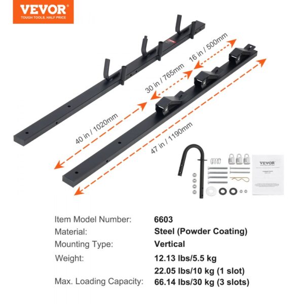 VEVOR trimmer rack, steel with powder coating, vertical mounting, detailed dimensions and parts.