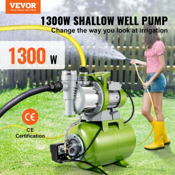 VEVOR Shallow Well Pump with Pressure Tank, 1300W 230V, 4200L/h 50 m Head 5 bar, Portable Stainless Steel Automatic Water Booster Jet Pumps w/ Prefilter for Home Garden Lawn Irrigation, Water Transfer