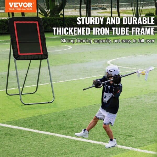 VEVOR lacrosse rebounder with thickened iron tube frame used by athlete on a grassy field.