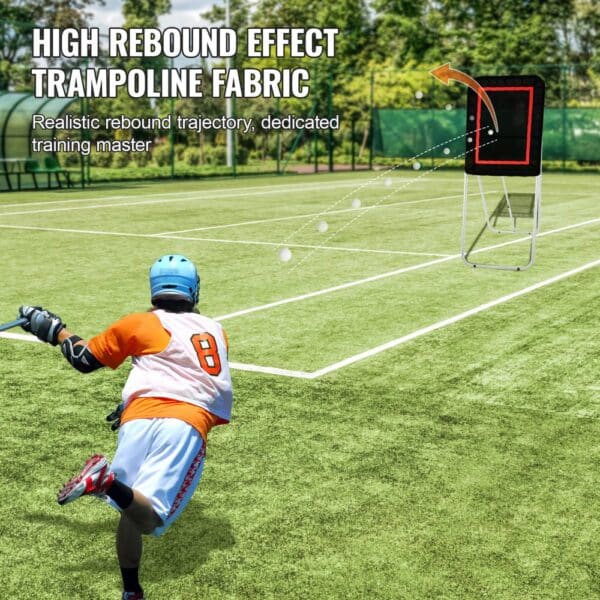 lacrosse player uses VEVOR lacrosse rebounder with high rebound effect on a green field.