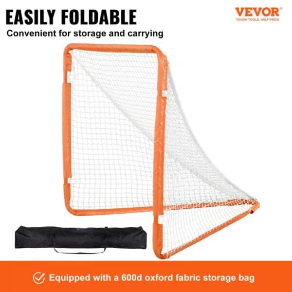 VEVOR Lacrosse Goal, 4' x 4' Small Kids Lacrosse Net, Folding Portable Lacrosse Goal with Carry Bag, Iron Frame Backyard Training Equipment, Quick & Easy Setup, Perfect for Youth Training, Orange