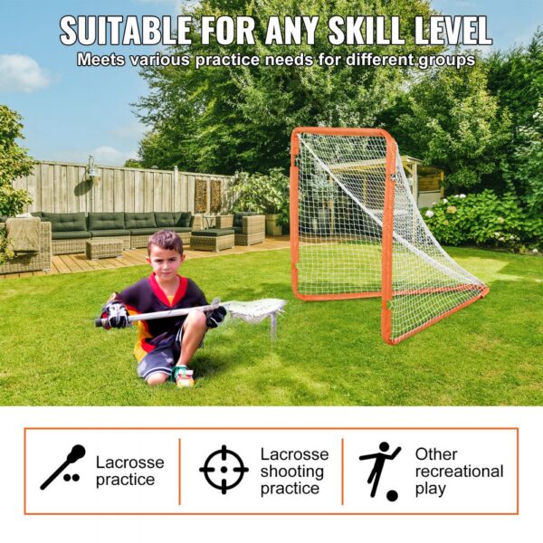 VEVOR Lacrosse Goal, 4' x 4' Small Kids Lacrosse Net, Folding Portable Lacrosse Goal with Carry Bag, Iron Frame Backyard Training Equipment, Quick & Easy Setup, Perfect for Youth Training, Orange