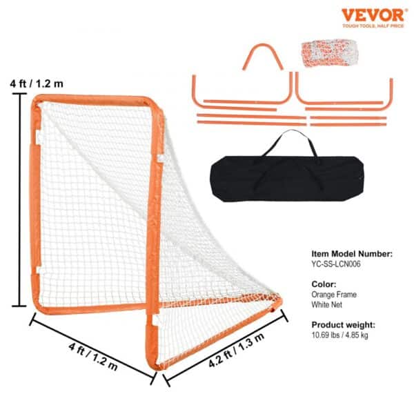 VEVOR Lacrosse Goal, 4' x 4' Small Kids Lacrosse Net, Folding Portable Lacrosse Goal with Carry Bag, Iron Frame Backyard Training Equipment, Quick & Easy Setup, Perfect for Youth Training, Orange