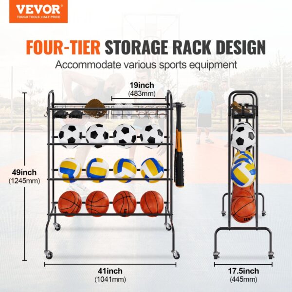 VEVOR basketball rack, four-tier storage for sports equipment with dimensions and various balls.