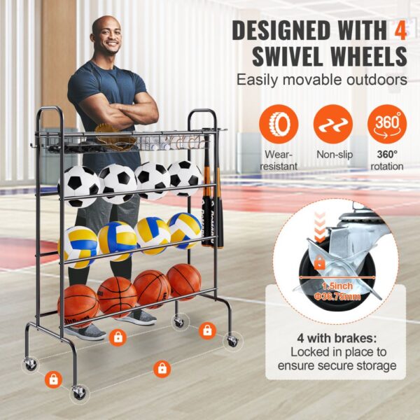 VEVOR basketball rack with 4 swivel wheels, locking brakes, and multiple sports balls in a gym setting.